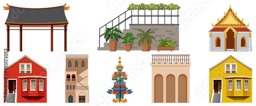 Different designs of buildings on white background