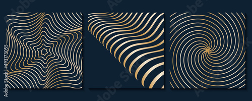 Set of gold on black poster with geometric shapes. Abstract background with liquid wavy lines art. Op art design.