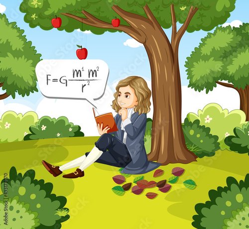 Isaac Newton sitting under apple tree