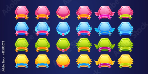Set of glossy award badges, ranking game level ui icons. Empty hexagon colorful shields with banners, wings or laurel wreaths, isolated bonus or rank frames pink, blue, gold, green Vector elements set