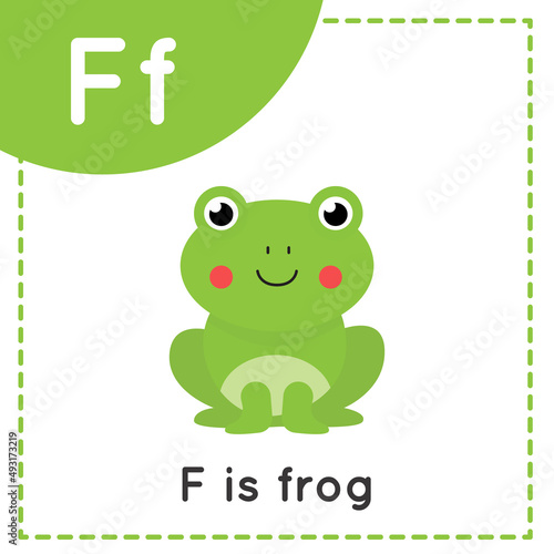 Learning English alphabet for kids. Letter F. Cute cartoon frog.