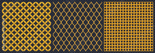 Gold metal grid or mesh texture, seamless pattern of golden realistic 3d vector brass or copper fence with joined links. Square yellow lattice samples graphic design elements, grate, jewel background