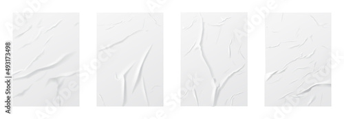 Wet paper set, crumpled wrinkled wrapper vector illustration. 3d realistic mockup paper sheets, glued poster blank with creases wrinkles, packet bag wrap canvas template collection isolated on white
