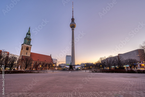 The famous Alexanderplatz in Berlin with no people before sunrise