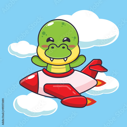 cute dino mascot cartoon character ride on plane jet