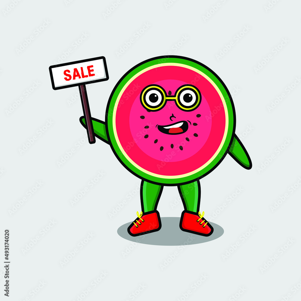 Cute cartoon watermelon character holding sale sign designs in concept 3d cartoon style Cute cartoon watermelon character holding sale sign designs in concept 3d cartoon style