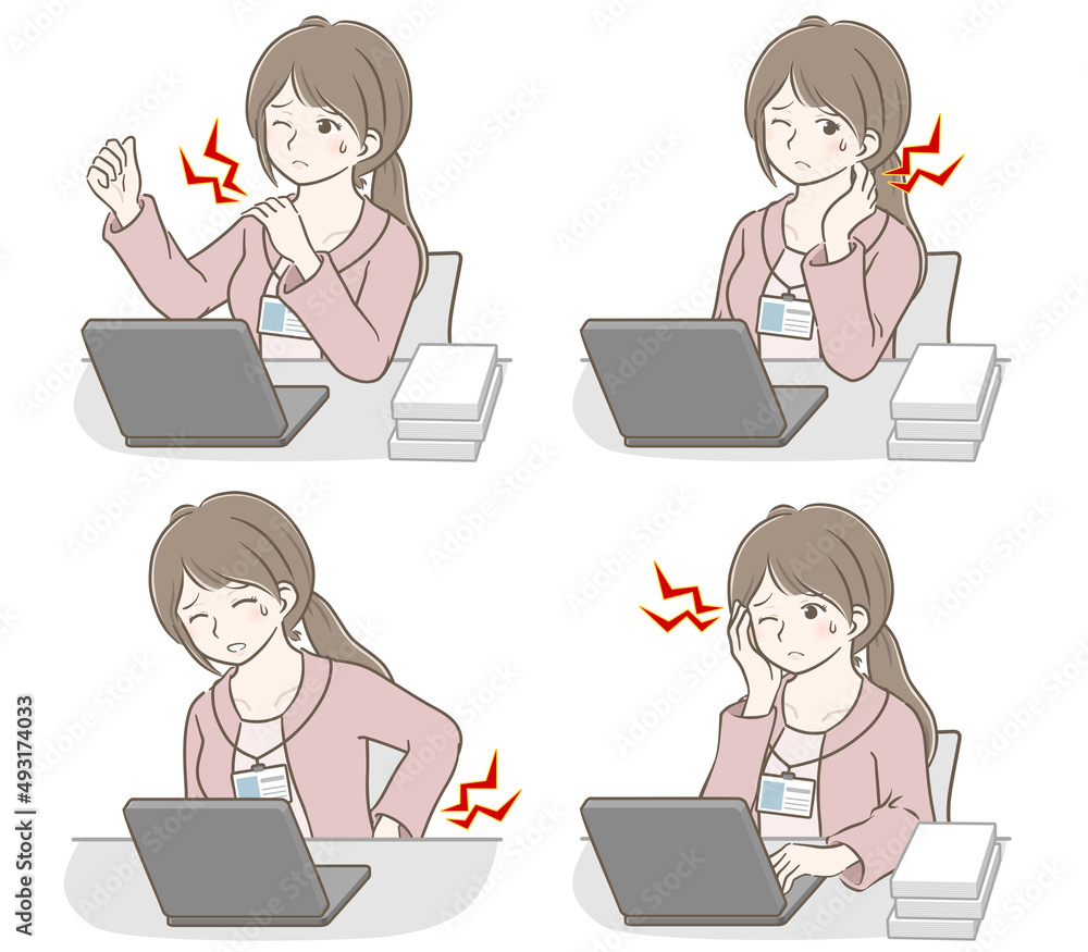パソコン作業で色々な部分が痛む若い私服女性社員 パソコン作業で色々な部分が痛む若い私服女性社員