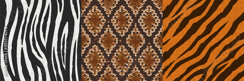 Animal skin and fur seamless textures, snake, zebra and tiger wool and leather swatches for game. Realistic 3d vector repeated patterns, textile backgrounds of natural or artificial skins samples set