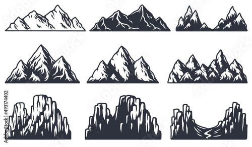 Mountain silhouette set for emblem and logo. Wild and nature landscape of rock for outdoor, travel or trip camping