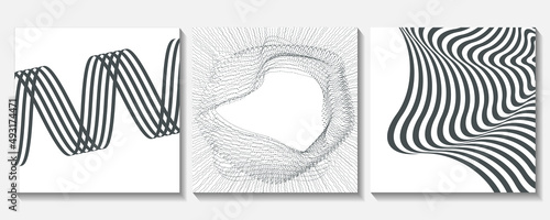 Set of black and white poster with geometric shapes. Abstract background with liquid wavy lines art. Op art design.