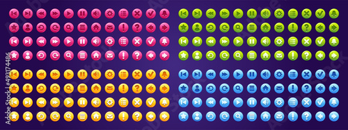 Set of buttons for game or app interface, menu ui design elements. User keys arrow, gear, pause and notification bell, replay, zoom, settings, message, home page, question, star isolated Vector icons
