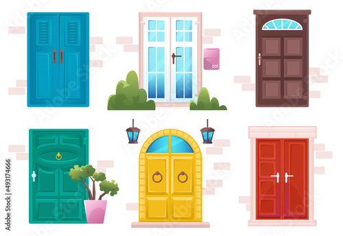 Cartoon doors in modern and classic style. Wooden and glass entries with stone doorjambs, brick wall and handles. Architecture objects, cottage, hotel exterior design elements, Vector illustration set