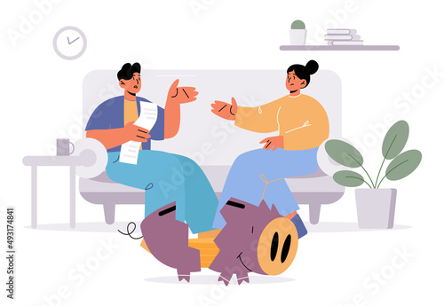 Family financial crisis concept, young couple holding long bill discuss budget problems with broken piggy bank nearby, finance and money collapse, credit, mortgage burden Line art vector illustration
