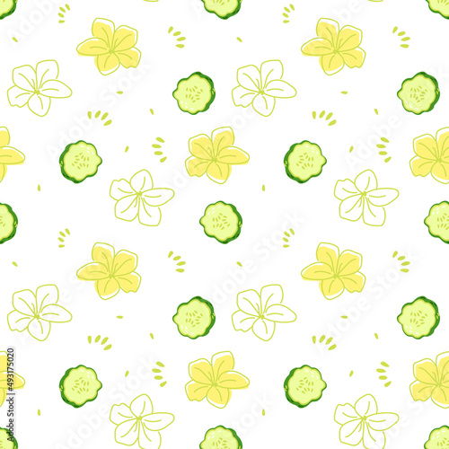 Seamless pattern of cucumber slices and yellow flowers. Cute summer print. Vector flower illustration on a white background for decor, wrapping paper