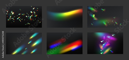 Rainbow crystal lights collection of backgrounds. Prism flare reflection, lens refraction overlays. Glass, jewelry or gem stone glare, kaleidoscope optical effect Realistic 3d vector illustration, set