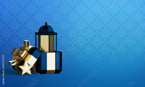 3D Ramadan Islamic greeting background with 3d lantern in gift boxes