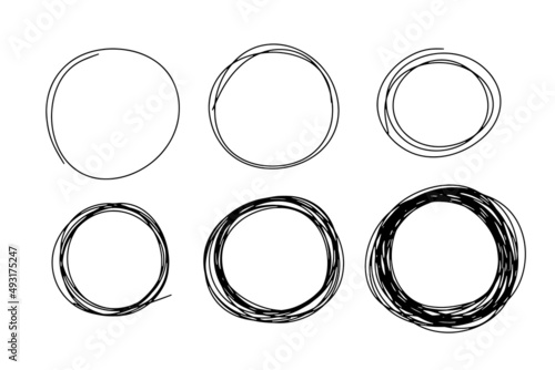Vector hand drawn circle line sketch frames set. Vector circular scribble doodle round circles for message note sign design element. Pen or pencil graffiti bubble or ball sketch illustration.