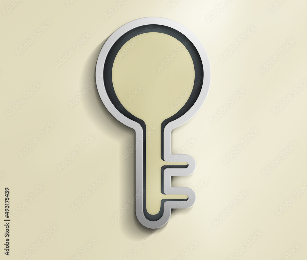 Silver dark keyhole window overlooks the empty blank space on clean yellow background. Concepts of privacy, secret and the key to somewhere. 3d rendering. Silver dark keyhole window overlooks the empty blank space on clean yellow background. Concepts of privacy, secret and the key to somewhere. 3d rendering.