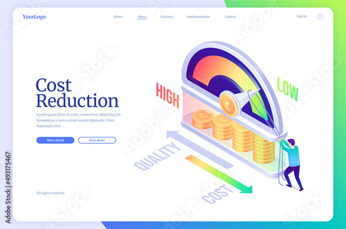 Cost reduction isometric landing page, business concept of optimization financial and marketing strategy, balance between low and high spending, price cut, quality maximization 3d vector web banner