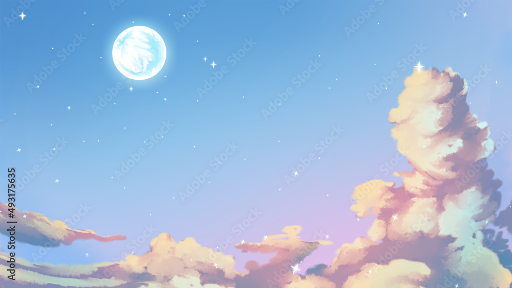 Fototapeta premium cloud in the night sky with moon and stars pastel anime hd wallpaper