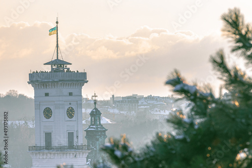 Lviv, Ukraine - February, 2022: Tower of city hall building. View from the Vysoky Zamok (Lviv castle hill).
