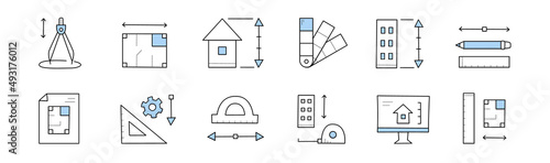 Canvastavla Set architect doodle icons, building project, compass, architecture flat bluepri