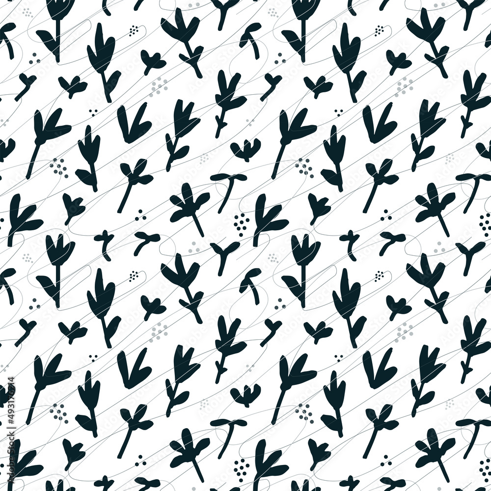 Monochrome abstract floral seamless vector pattern background. Hand drawn doodle blooming flowers, polka dot and thin lines. Minimal stylized artistic ornament for fabric, wallpaper, cover, cards Monochrome abstract floral seamless vector pattern background. Hand drawn doodle blooming flowers, polka dot and thin lines. Minimal stylized artistic ornament for fabric, wallpaper, cover, cards