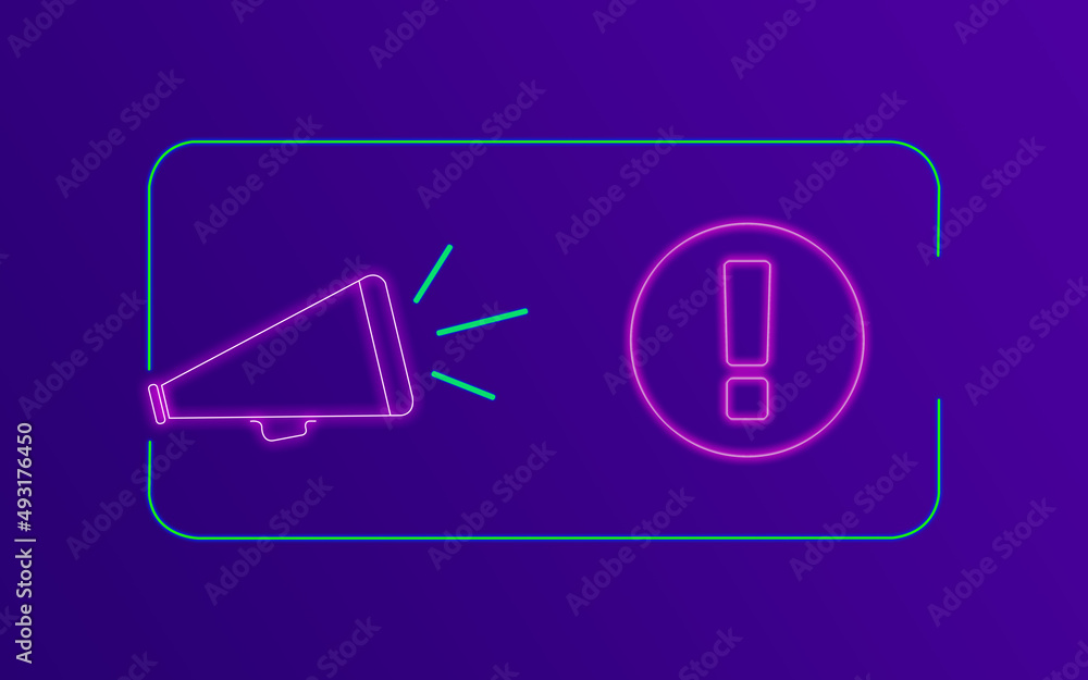 Exclamation Point Warning Concept with Neon Colors on Purple Gradient Background Exclamation Point Warning Concept with Neon Colors on Purple Gradient Background