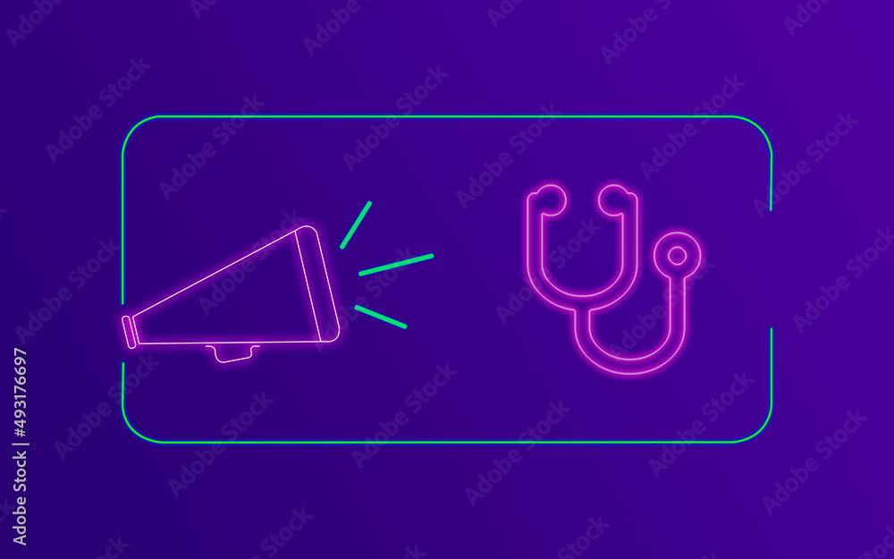 Stethoscope Symbol Health Concept with Neon Colors on Purple Gradient Background