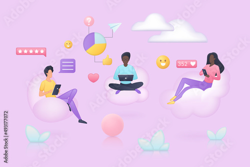 People browsing, using mobile phone and laptop to work or chat communication. Persons sit in cloud armchairs, customers use online services flat vector illustration. Social media, internet concept