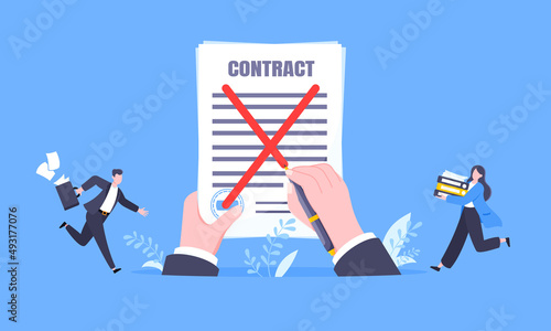 Contract cancellation business concept. Terminated tearing contract paper sheet breach flat style design vector illustration. Business people running toward giant hands with tearing contract papers.