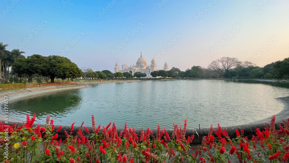 View of Queen Victoria Memorial, white marble palace. located in Kolkata, West Bengal, India