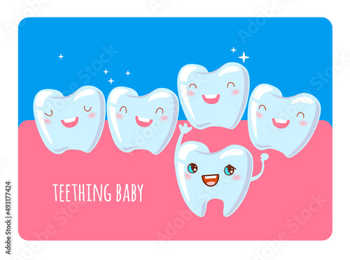 Eruption of a permanent tooth and loss of milk teeth. Children dental care and healthcare concept. Animated teeth dental clinic poster