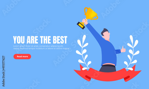 Best worker employee winner with trophy cup inside award ribbon and floral wreath flat style design vector illustration. Employee of the month, talent award, best worker competition prize.