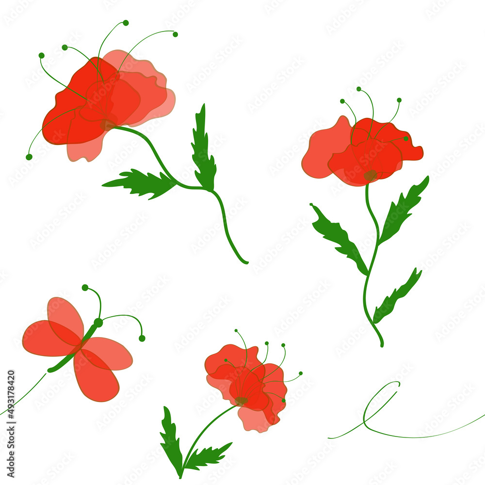 Seamless pattern with abstract red poppies and butterfly