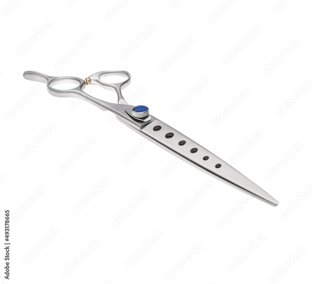 Scissors for cutting people and pets. Grooming scissors. Closed scissors on a white isolated background. Angle view. Scissors for cutting people and pets. Grooming scissors. Closed scissors on a white isolated background. Angle view.