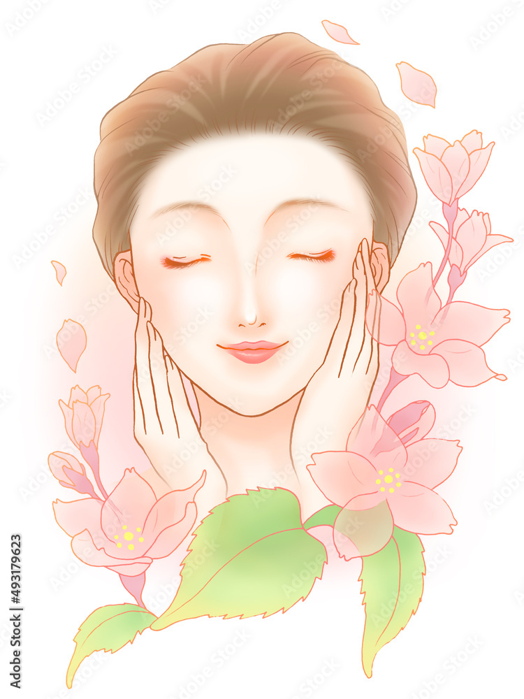 美容系イラスト（正面を向いて両頬に手を添え微笑んでいる黒髪の女性とピンクの半透明な桜）