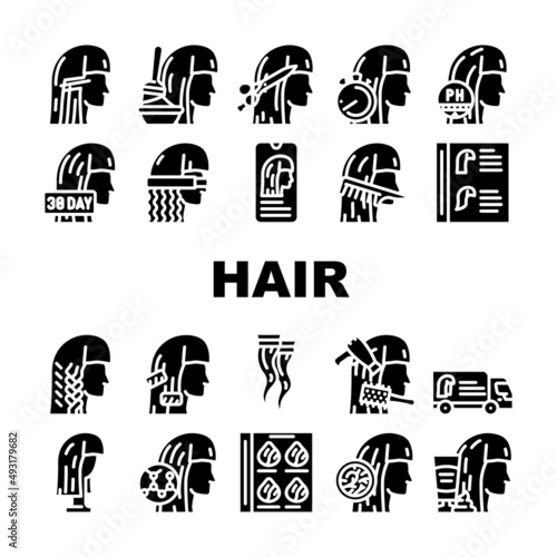 Hair Salon Hairstyle Service Icons Set Vector. Hair Painting And Cutting, Straightening Braiding, Balancing Ph Of Scalp Departure Of Specialist. Thermo Wrap Curler Glyph Pictograms Black Illustrations