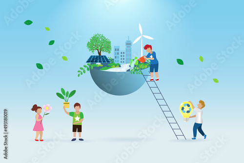 Children with virtual environmental friendly world. Earth day concept for sustainable strategy of eliminate waste and pollution, renewable and reuse natural resources in next generation.