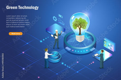 Green technology. Tree growing in lightbulb with digital convergent and green technology in futuristic background. Environmental friendly business, innovation technology for sustainable environment. photo