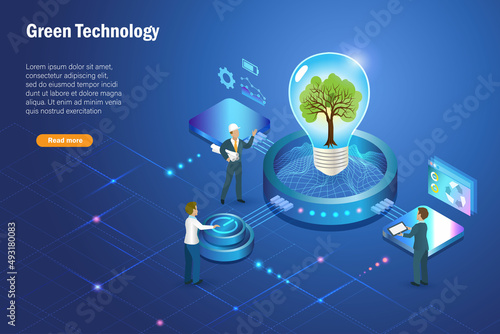 Green technology. Tree growing in lightbulb with digital convergent and green technology in futuristic background. Environmental friendly business, innovation technology for sustainable environment.