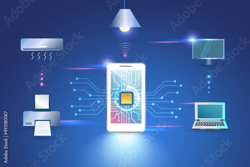 Digital phone control smart home appliance devices. Intelligent home automation system and wireless technology online connecting electronics equipments to develop modern lifestyle.