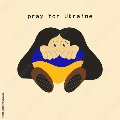 A little girl with all her strength hugs the people of Ukraine in the form of a huge heart. Poster design calling to stop the war in Ukraine and pray for the salvation of lives