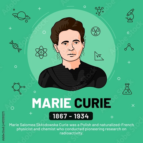Vector illustration of famous personalities: Marie Curie with bio