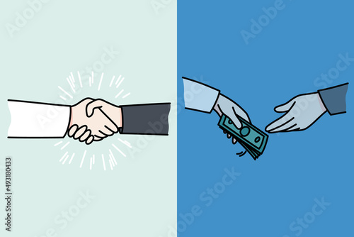 Close up of businesspeople shake hands and give money. Employees handshake close deal exchange currency. Concept of corruption and bribery. Flat vector illustration. 