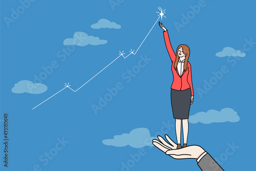 Businesswoman get helping hand from colleague reach star as business goal. Female employee or worker achieve career success. Work accomplishment or achievement. Vector illustration. 