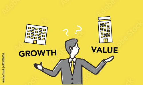 バリュー株とグロース株の比較イメージ、ベクターイラスト