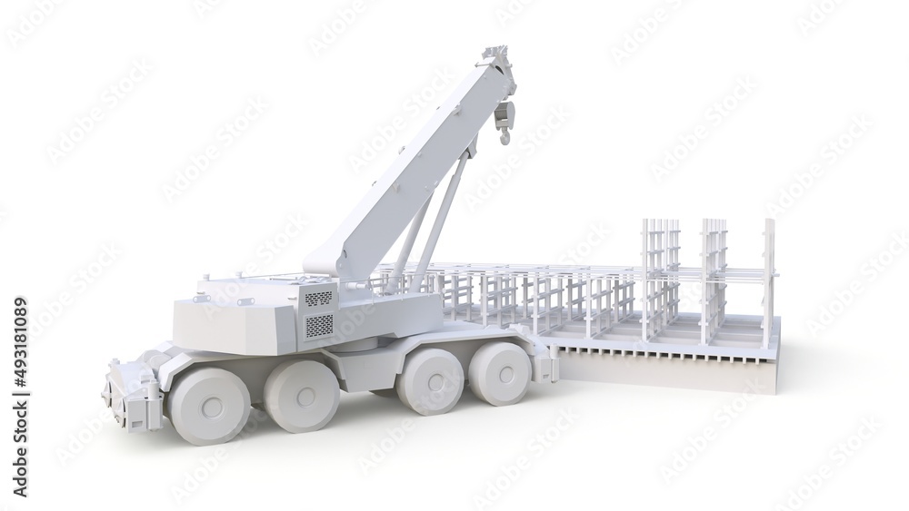Naklejka premium Crane builds a wooden house on a white background. 3d rendering.