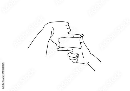 Vector isolated hand gesture rectangular finger frame colorless black and white contour line doodle drawing