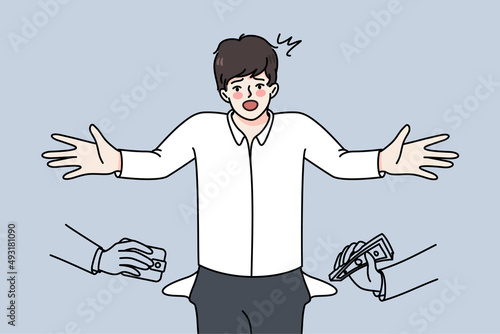 Confused businessman get robbed by thieves. Unhappy frustrated man employee struggle with robbery. Bankruptcy and financial problems. Cheating and betrayal. Vector illustration. 